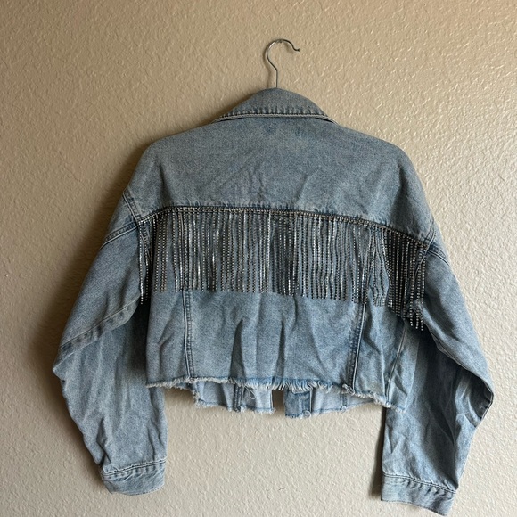 Forever 21 Light Blue Cropped Denim Jacket with Rhinestone Fringe - Picture 3 of 4